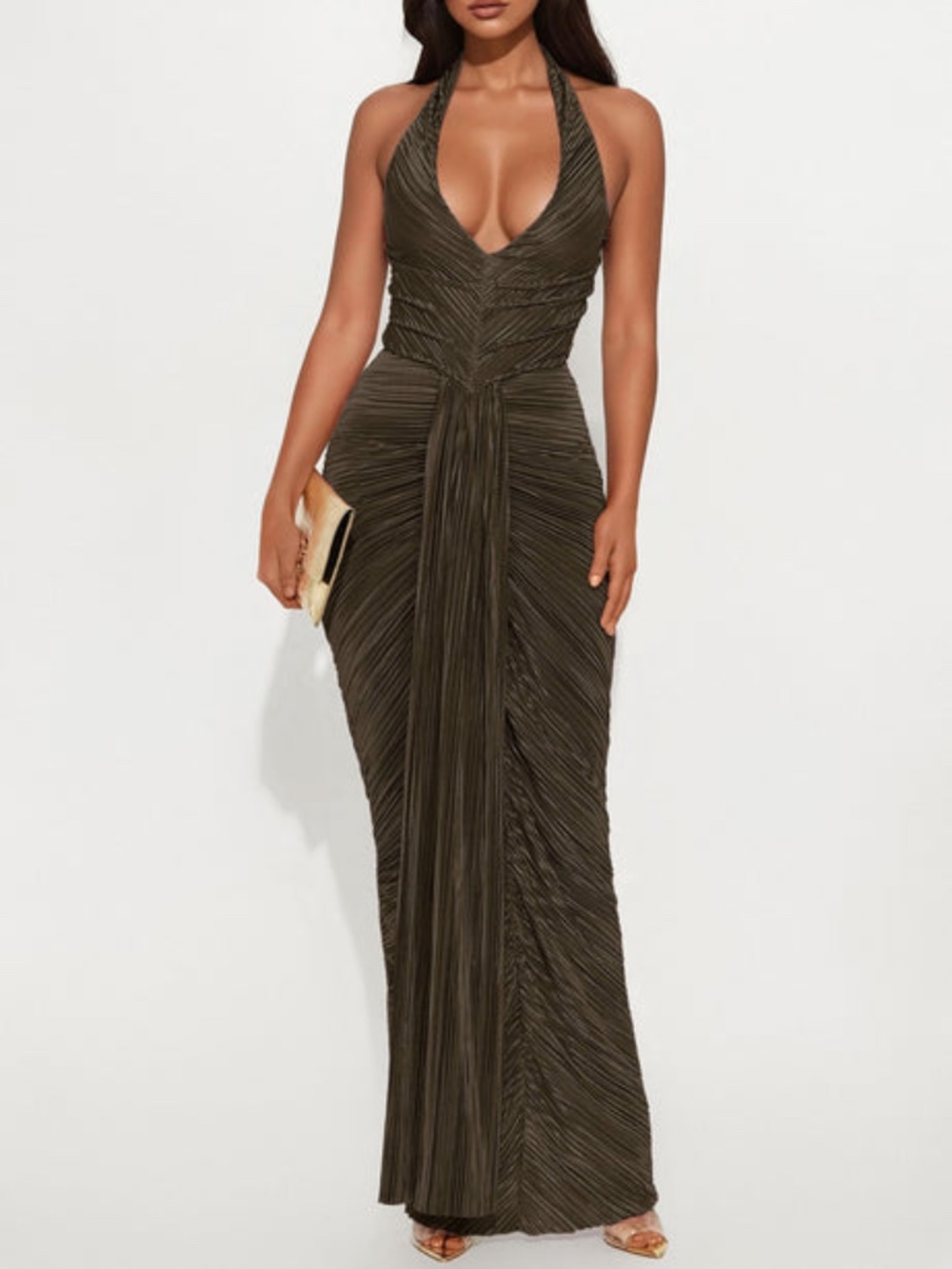 Olive Pleated Halter Maxi Dress
